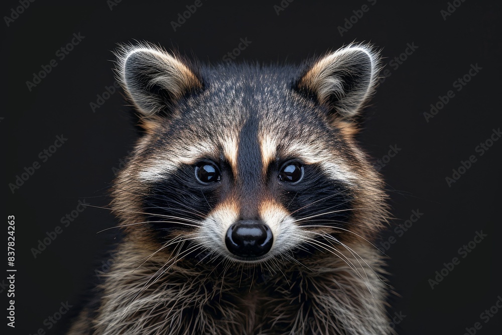 Mystic portrait of Common Raccoon in studio, copy space on right side, Anger, Menacing, Headshot, Close-up View Isolated on black background Mystic portrait of Common Raccoon in studio, copy space on right side, Anger, Menacing, Headshot, Close-up View Isolated on black background