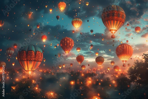 A magical night sky filled with colorful hot air balloons illuminated against a dreamy, clouded horizon creating a surreal, wondrous adventure.
