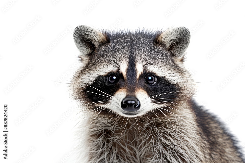 Obraz premium Mystic portrait of Common Raccoon studio, copy space on right side, Anger, Menacing, Headshot, Close-up View Isolated on white background