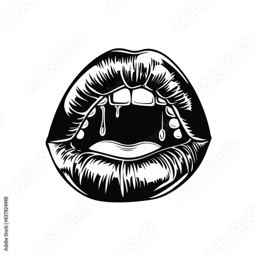 Black white vector illustration dripping lips. Sensual female lips leaking liquid graphic style isolated white background. Artistic representation mouth bold contrast droplets