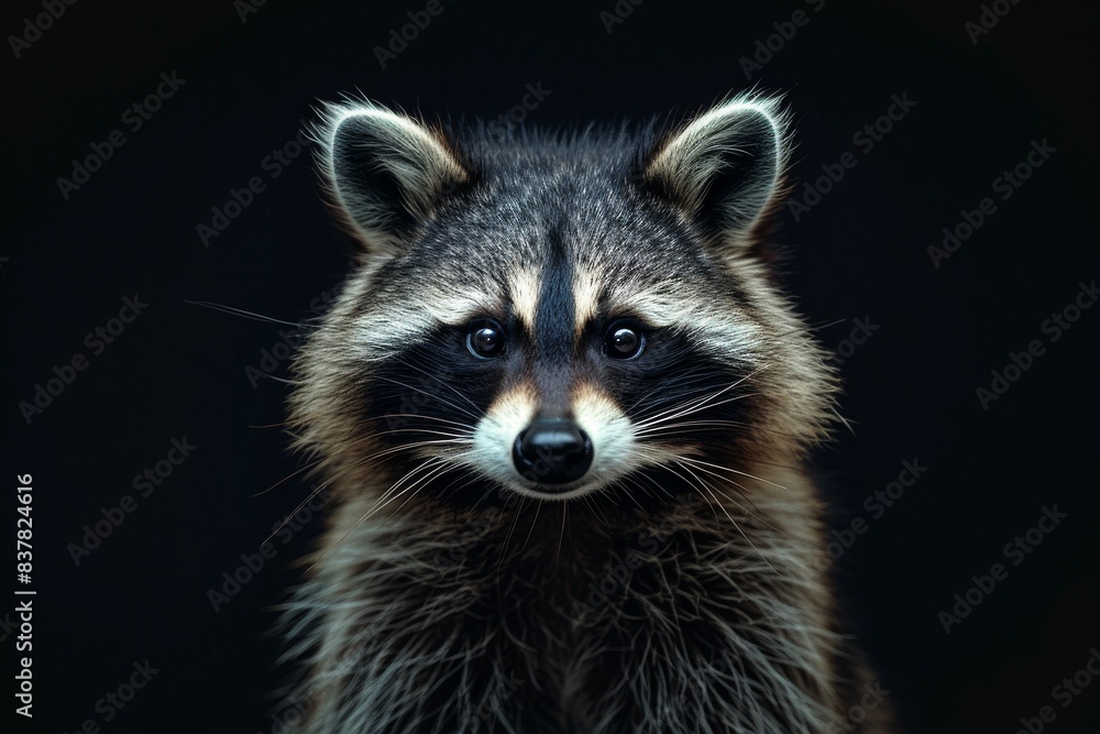 Fototapeta premium Mystic portrait of Cozumel Raccoon in studio, copy space on right side, Anger, Menacing, Headshot, Close-up View Isolated on black background