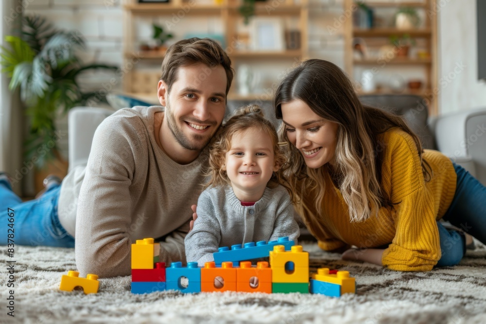 Family building blocks on living room floor Family building blocks on living room floor