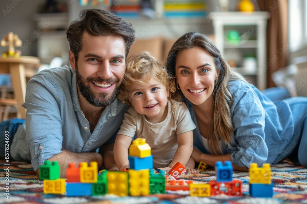 Happy family playing with blocks on floor Happy family playing with blocks on floor