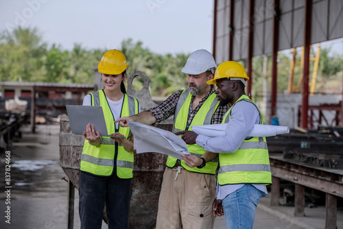 Engineer or foreman worker architecture safety uniform survey at structure building site blueprint and notebook check detail and measure of common work is building architecture business concept.