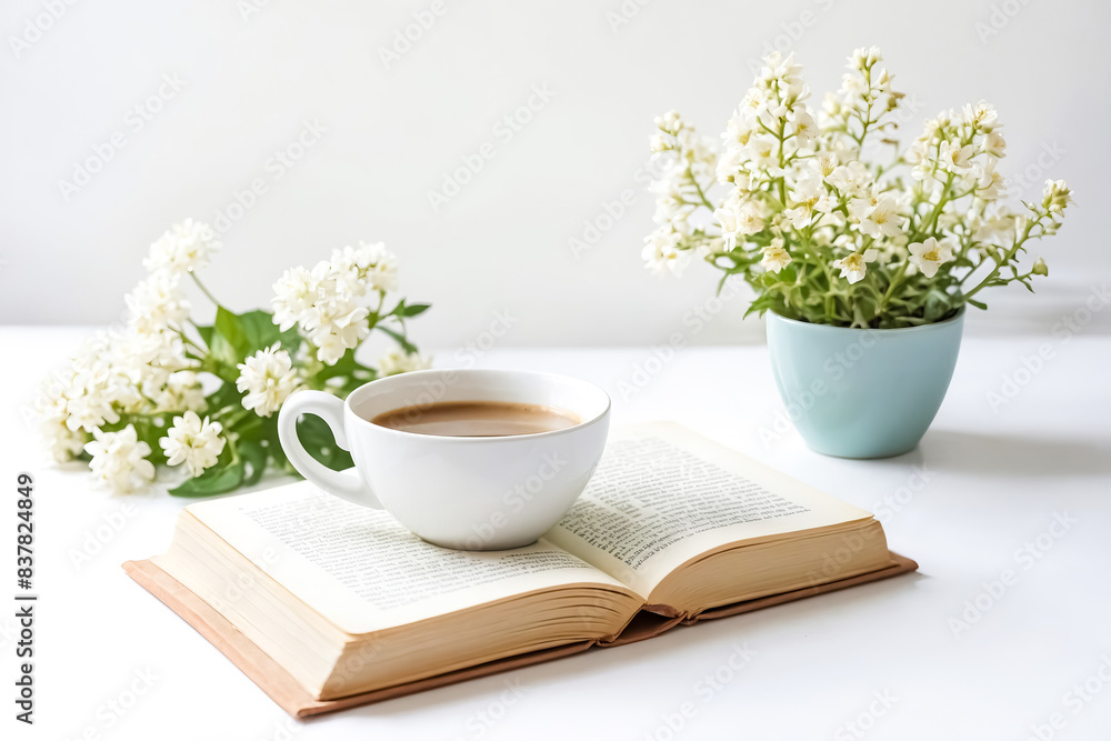 Cup of Coffee, Open Book, and Flowers Cup of Coffee, Open Book, and Flowers