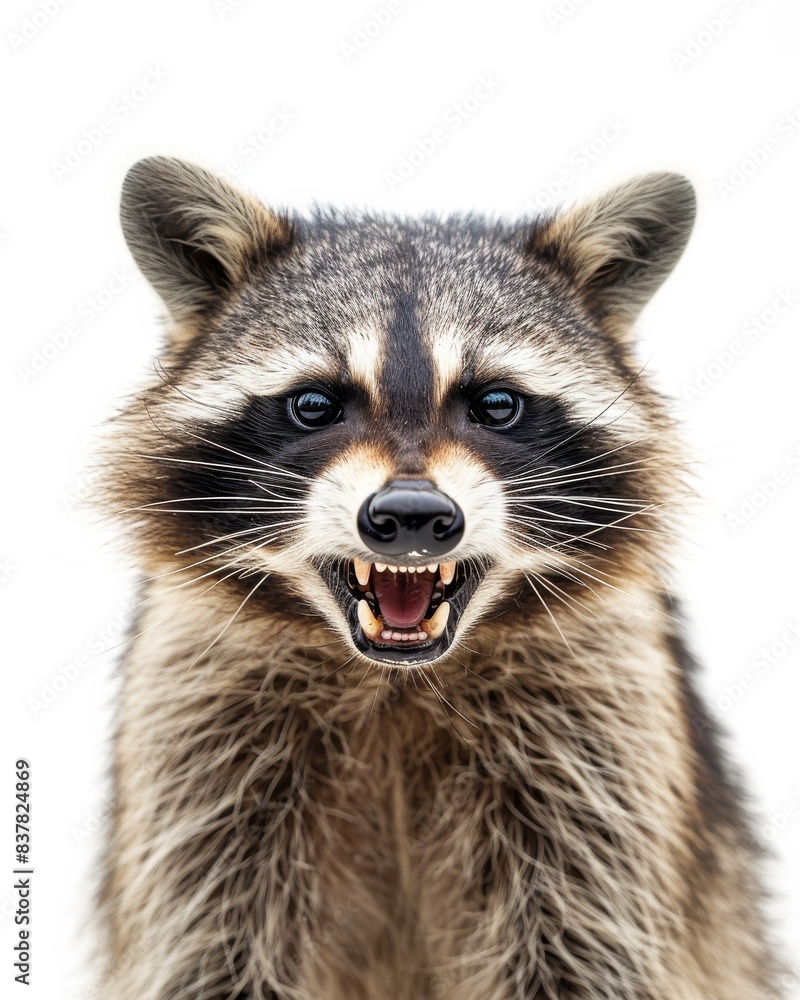 Mystic portrait of Crab-eating Raccoon , copy space on right side, Anger, Menacing, Headshot, Close-up View Isolated on white background Mystic portrait of Crab-eating Raccoon , copy space on right side, Anger, Menacing, Headshot, Close-up View Isolated on white background