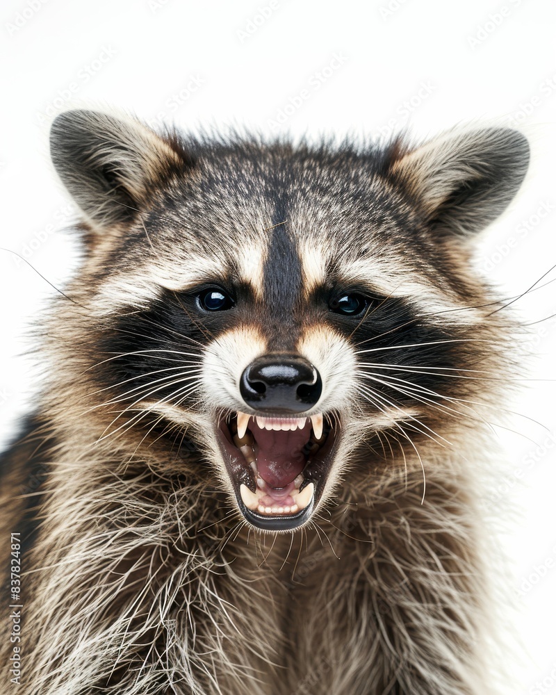 Mystic portrait of Crab-eating Raccoon , copy space on right side, Anger, Menacing, Headshot, Close-up View Isolated on white background Mystic portrait of Crab-eating Raccoon , copy space on right side, Anger, Menacing, Headshot, Close-up View Isolated on white background