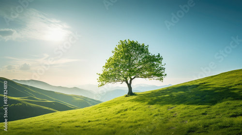 Serene Green Hillside with Lone Tree
