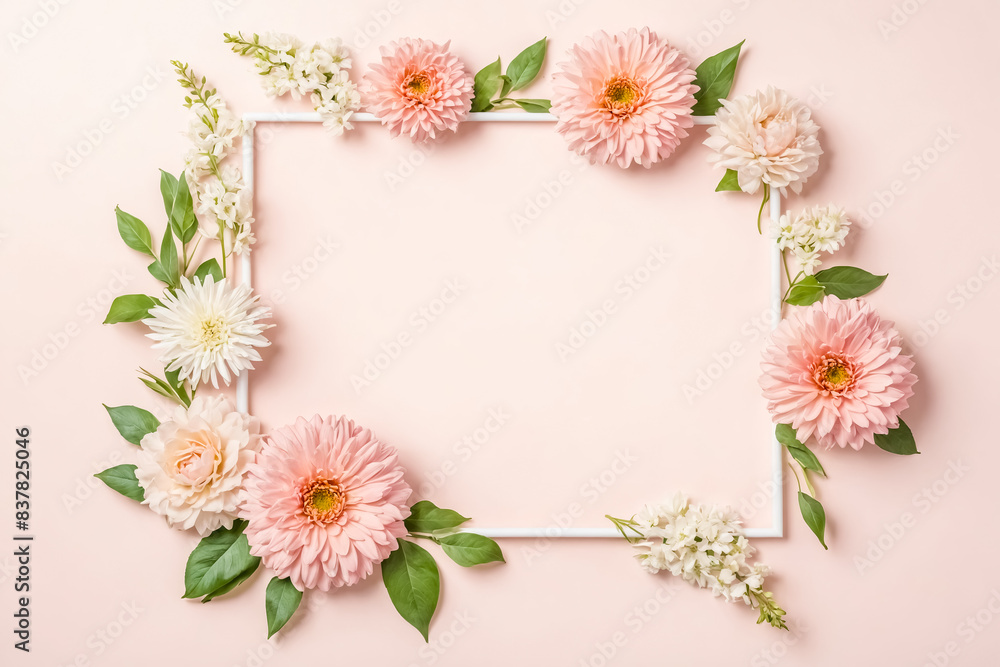 Floral Frame with White and Pink Flowers on Pink Background