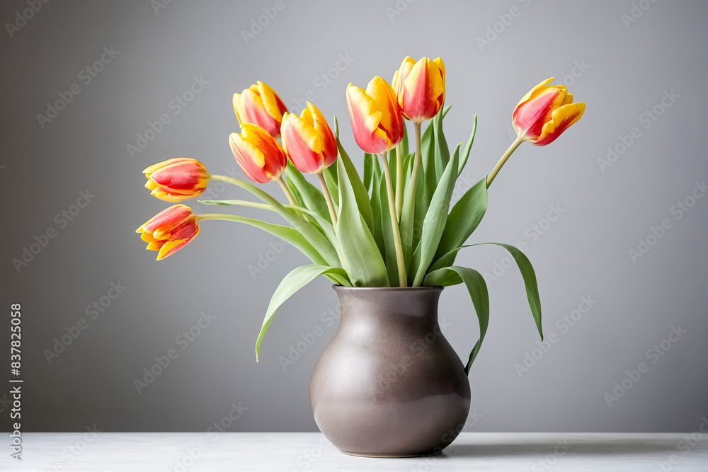 Yellow and Red Tulips in a Brown Vase Yellow and Red Tulips in a Brown Vase