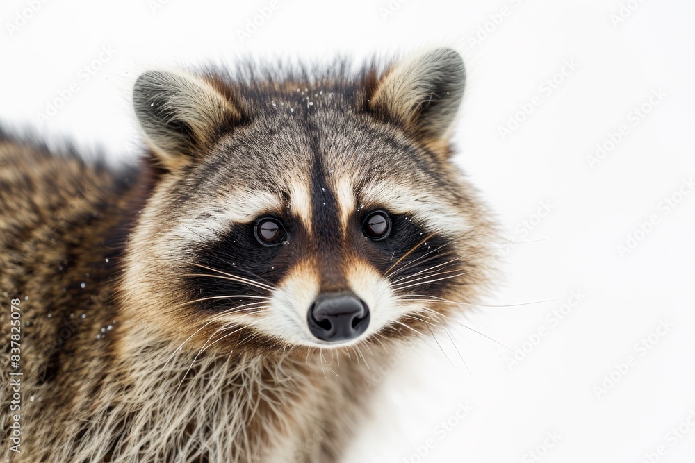 Mystic portrait of Crab-eating Raccoon studio, copy space on right side, Anger, Menacing, Headshot, Close-up View Isolated on white background Mystic portrait of Crab-eating Raccoon studio, copy space on right side, Anger, Menacing, Headshot, Close-up View Isolated on white background