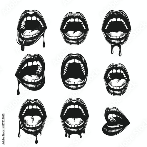 Black white mouth expressions set dripping black ink, isolated white. Nine various mouth positions expressing different emotions actions. Detailed expressive lips illustrations