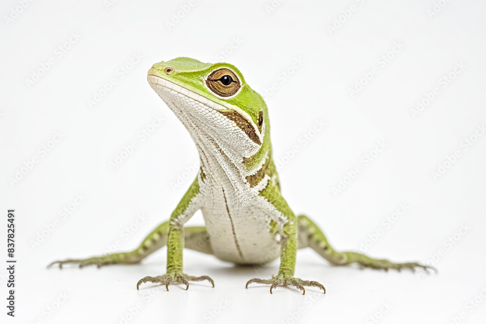 Green Lizard with White Stripes on a White Background Green Lizard with White Stripes on a White Background