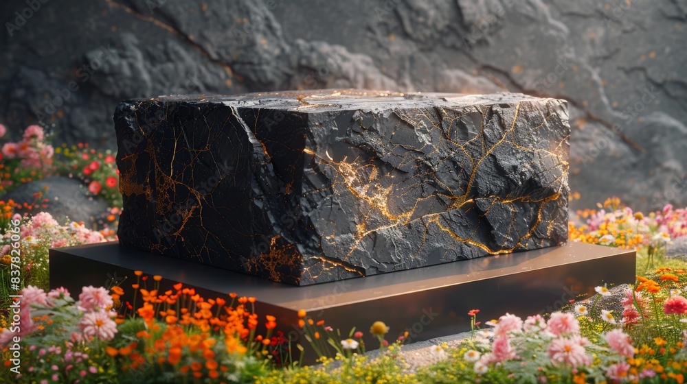 A striking black stone block with gold veins, surrounded by colorful flowers in a serene, rocky outdoor setting. A striking black stone block with gold veins, surrounded by colorful flowers in a serene, rocky outdoor setting.