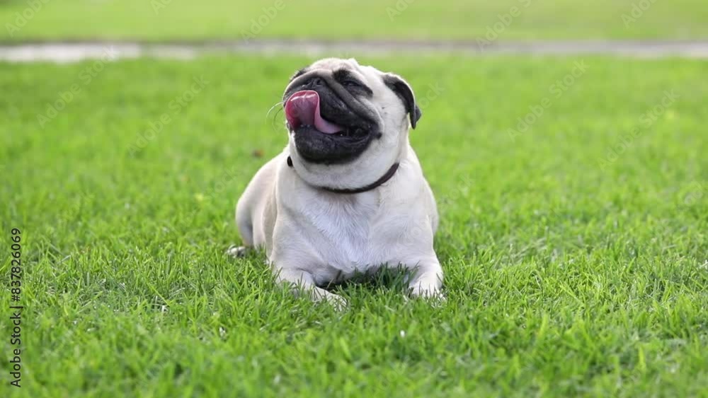 Cute pug suffers from thirst and heat. The dog lies on the street with his tongue hanging out , horizontal video Cute pug suffers from thirst and heat. The dog lies on the street with his tongue hanging out , horizontal video
