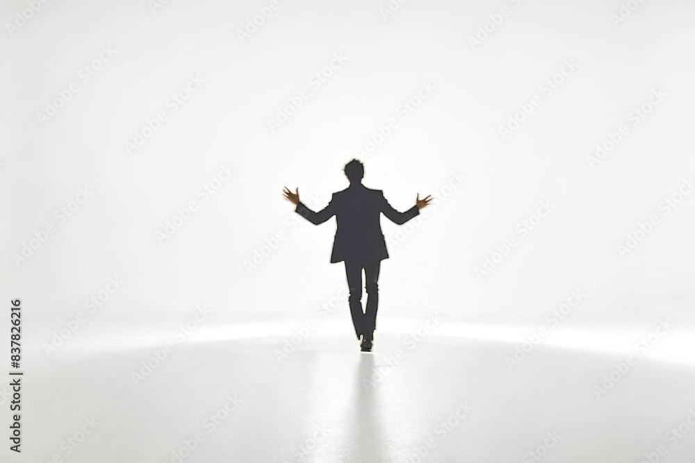 Silhouette of a man with arms out in a white studio Silhouette of a man with arms out in a white studio