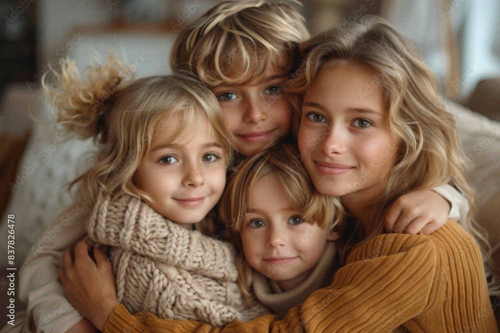 Three kids embracing on sofa