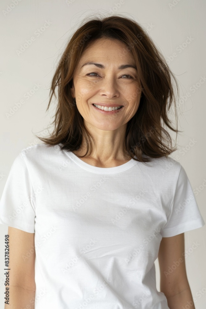 白いシャツを着ている中年の日本人の女性（アジア人・ファッションモデル・正面・モックアップ）	
