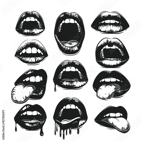 Black white collection various mouth expressions. Detailed lips, teeth, tongues rendered monochrome, pop art style. Set expressive mouths isolated white background