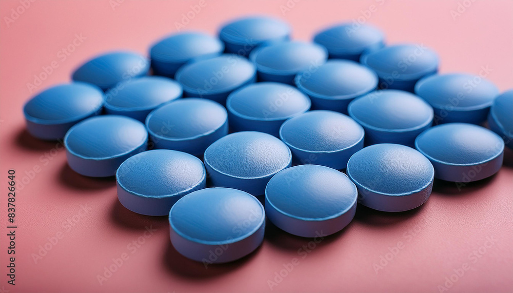 Blue pills on pink background. Pharmaceutical product. Pain medications. Analgesic drug. Blue pills on pink background. Pharmaceutical product. Pain medications. Analgesic drug.
