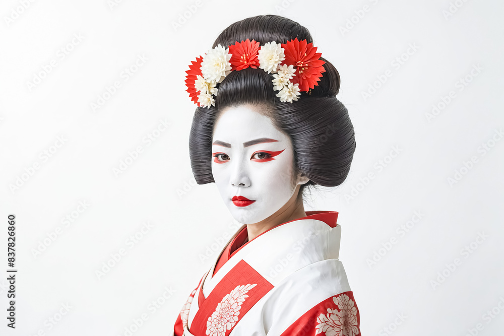 Portrait of a Japanese woman in a traditional kimono with red and white flowers in her hair Portrait of a Japanese woman in a traditional kimono with red and white flowers in her hair