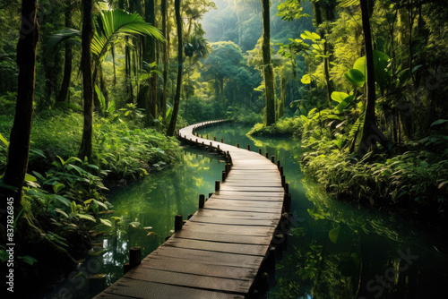 Beautiful breathtaking jungle landscape with wooden bridge on the lake at tropical rain forest