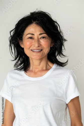 白いシャツを着ている中年の日本人の女性（アジア人・ファッションモデル・正面・モックアップ）   © Maki_Japan