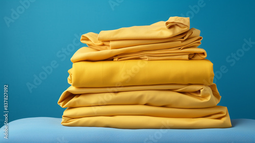 yellow bed linen stacked on top of each other on a blue background