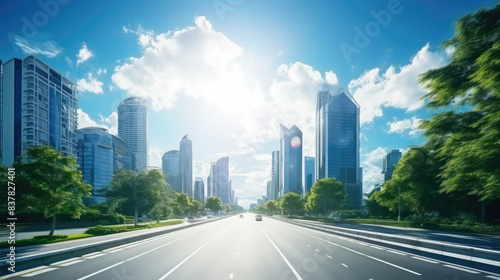 Thriving Metropolis  Sunlit Highways and Skyscrapers