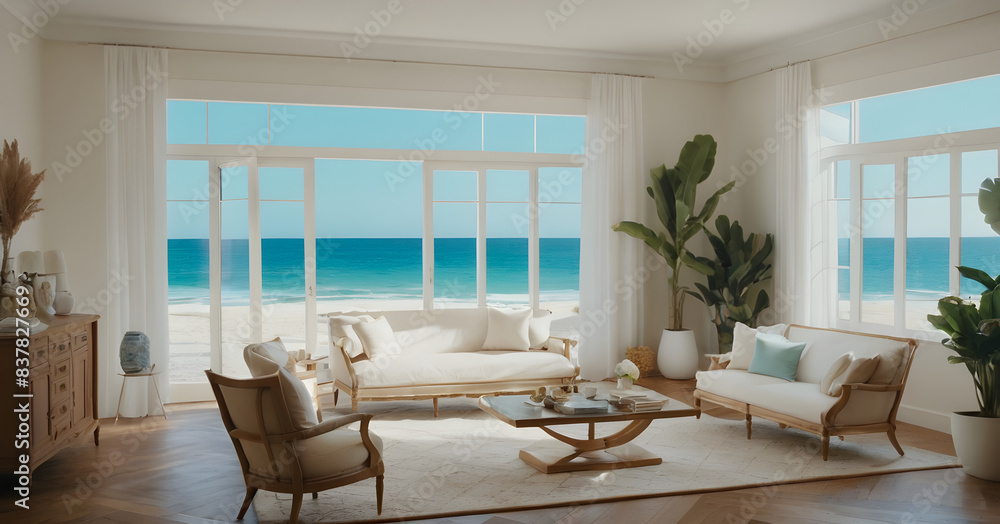 Sunny and spacious ocean-view living room with cozy furnishings and a tranquil ambiance Sunny and spacious ocean-view living room with cozy furnishings and a tranquil ambiance