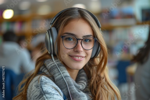 Smiling woman in library with headphones, scarf, and bookshelves