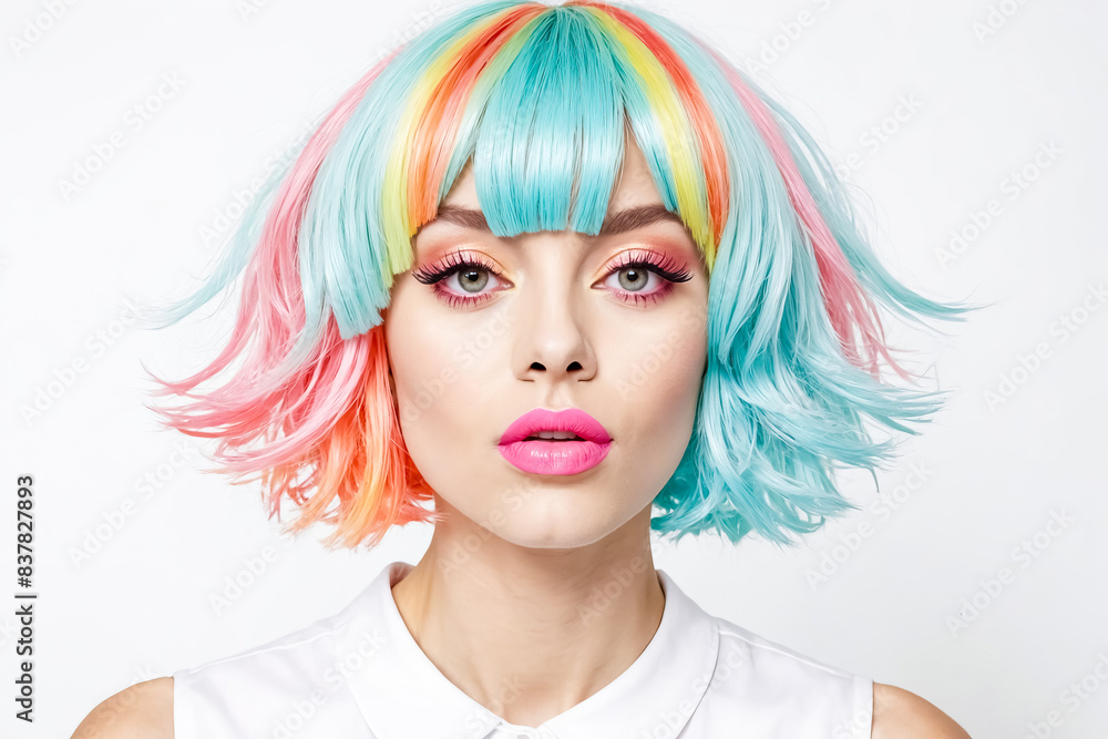 Fototapeta premium Woman with Multicolored Hairstyle and Pink Lips