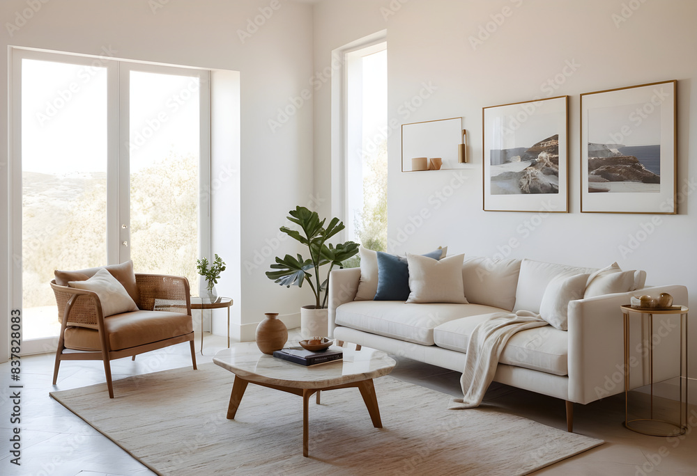 Minimalist living room flooded with natural light from the windows Minimalist living room flooded with natural light from the windows