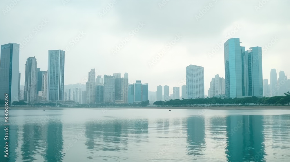 Fototapeta premium Modern City Skyline with Waterfront Reflection