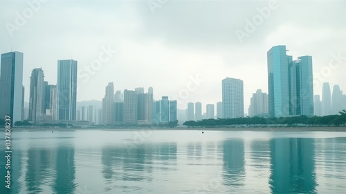 Modern City Skyline with Waterfront Reflection