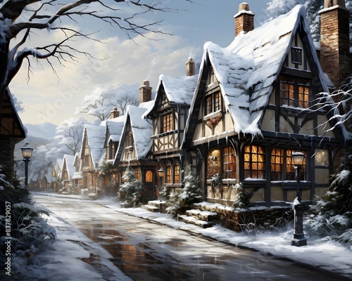 Winter landscape in the village. Snow-covered houses in the village. © Iman