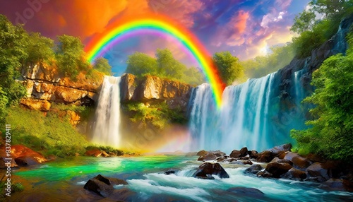 A vibrant rainbow arching over a majestic waterfall. 