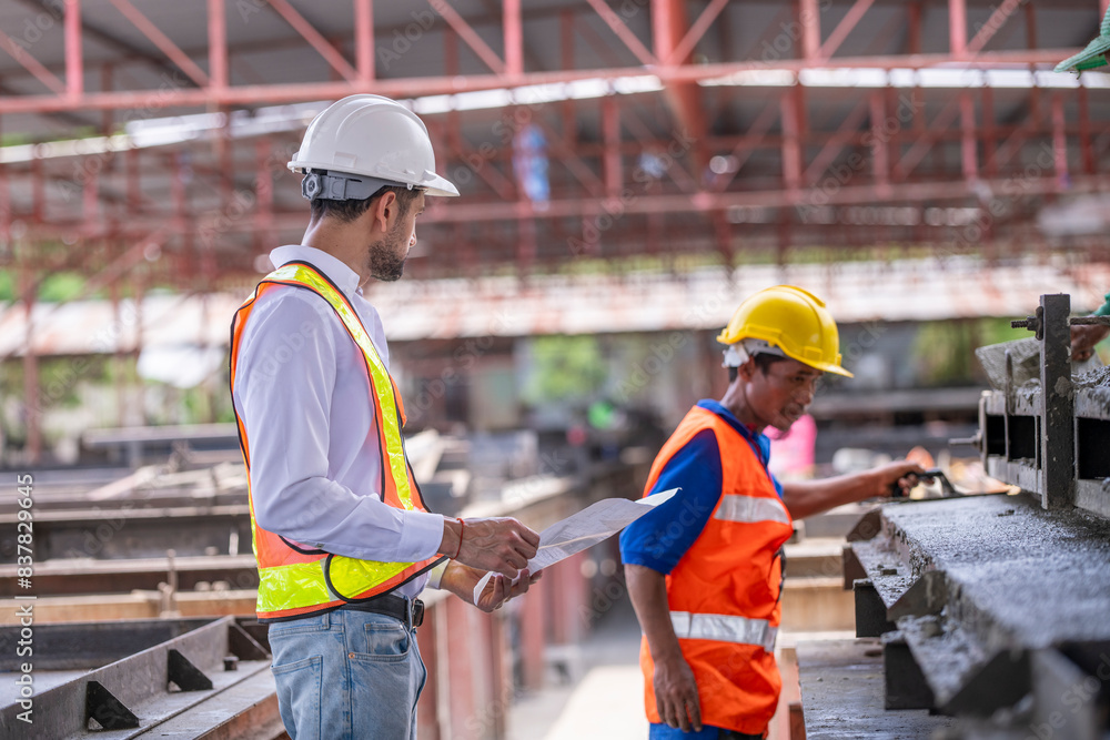 Engineer or worker architecture wearing safety uniform survey and working at structure building site blueprint check detail and measure of common work is building architecture business concept. Engineer or worker architecture wearing safety uniform survey and working at structure building site blueprint check detail and measure of common work is building architecture business concept.