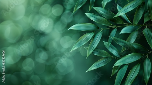 Beautiful green bamboo leaves with a soft focus bokeh background, creating a serene and calming nature scene perfect for relaxation and meditation.