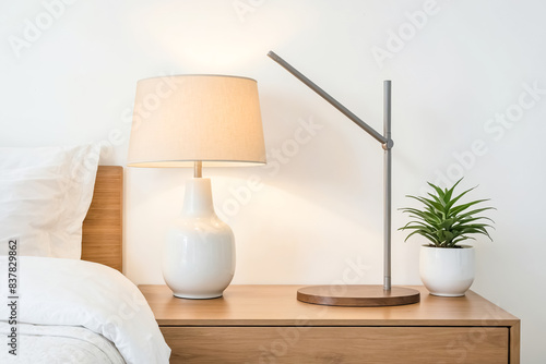Modern Bedroom Nightstand with Lamp and Plant