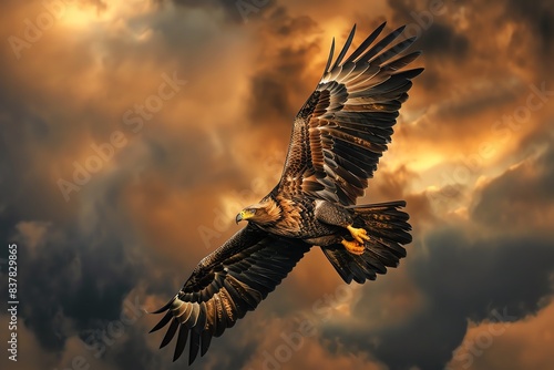 A majestic eagle soars through a fiery sky, its wings outstretched against a backdrop of dramatic clouds.