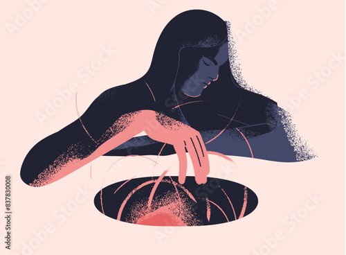 Mystery concept. Supernatural esoteric occult black magic. Psychology, mental health. Subconscious introspection. Depressed person exploring spirit and mind. Spiritual psychic flat vector illustration