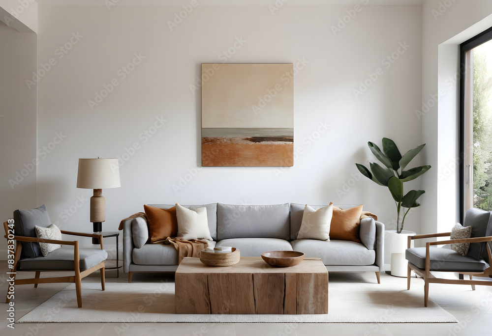 Minimalist living room illuminated by natural light pouring through a large window and adorned with earthy tones Minimalist living room illuminated by natural light pouring through a large window and adorned with earthy tones