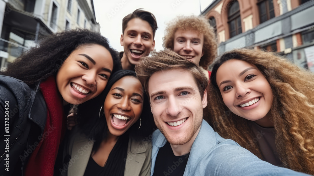 Obraz premium Joyful Friends Taking a Street Selfie