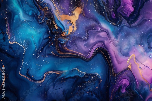 abstract fluid art background with vibrant swirls of blue purple and gold paint