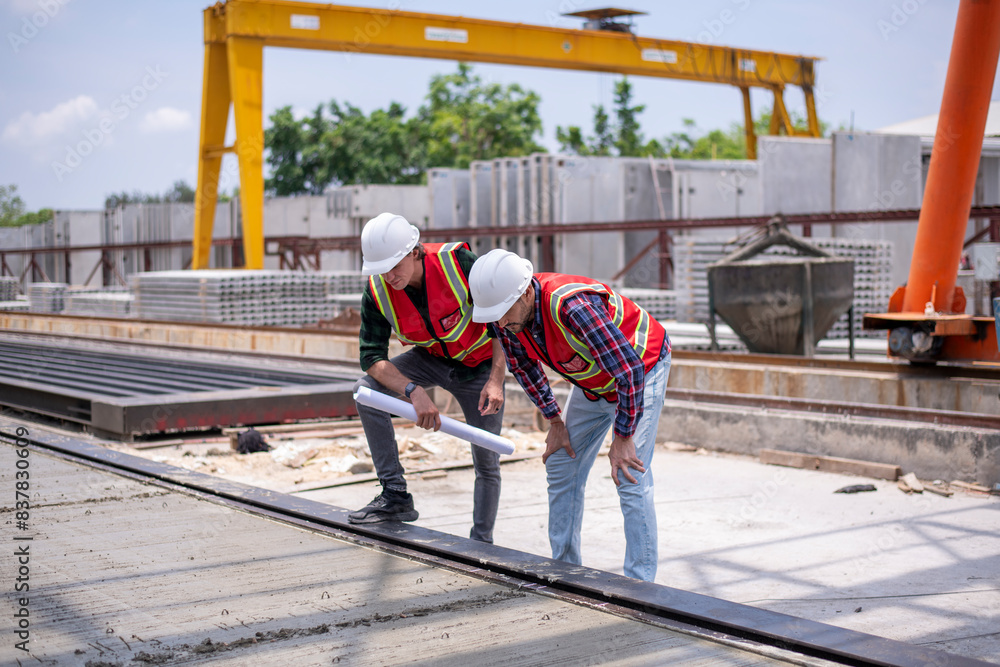 Engineer or worker architecture wearing safety uniform survey and working at structure building site blueprint check detail and measure of common work is building architecture business concept. Engineer or worker architecture wearing safety uniform survey and working at structure building site blueprint check detail and measure of common work is building architecture business concept.