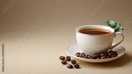 A serene image of a white cup filled with coffee on a saucer, surrounded by scattered coffee beans on a warm beige background.