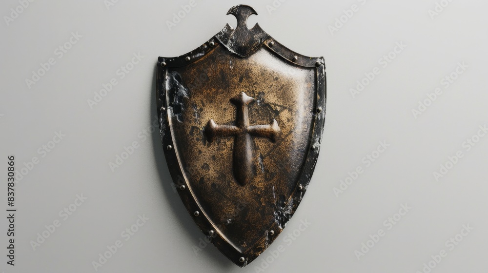Medieval Knight's Shield with Cross Emblem on Grey Background Medieval Knight's Shield with Cross Emblem on Grey Background