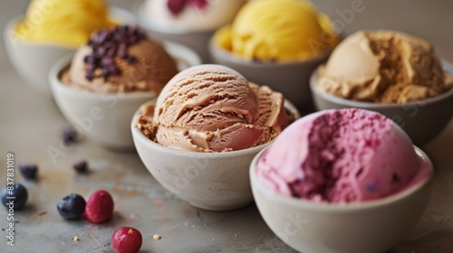 Assorted Ice Cream Scoops in Bowls with Fresh Berries. National Ice Cream Day