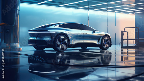 Sleek Electric Car in Futuristic Garage © evening_tao